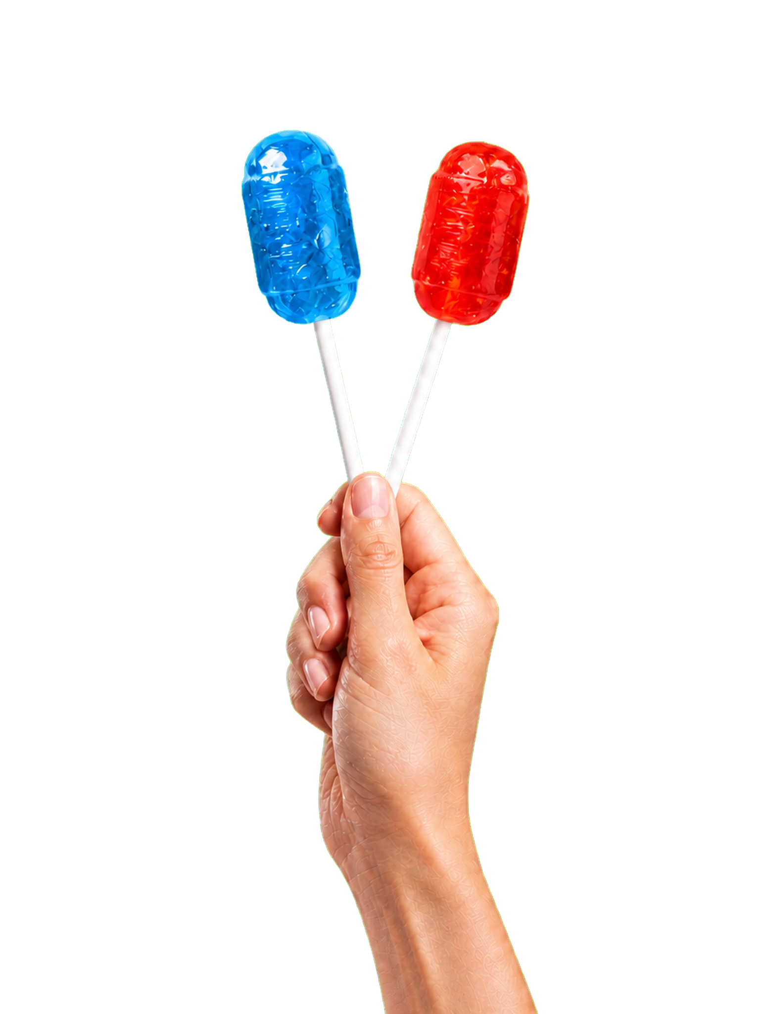 A hand holding blue and pink Electro Lite lollipops
